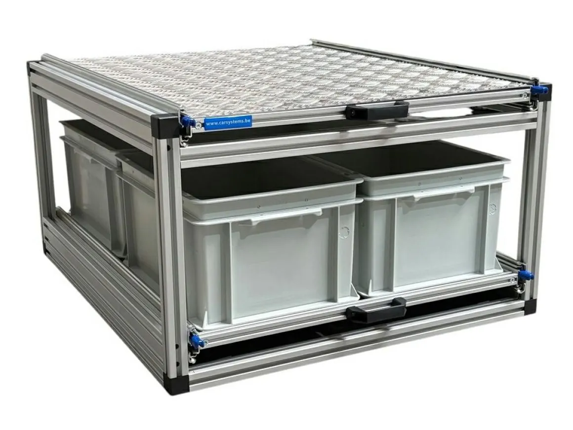 Doppelter Alu-Heckauszug mit 3 Boxen und Alu Deckplatte - 80x60cm