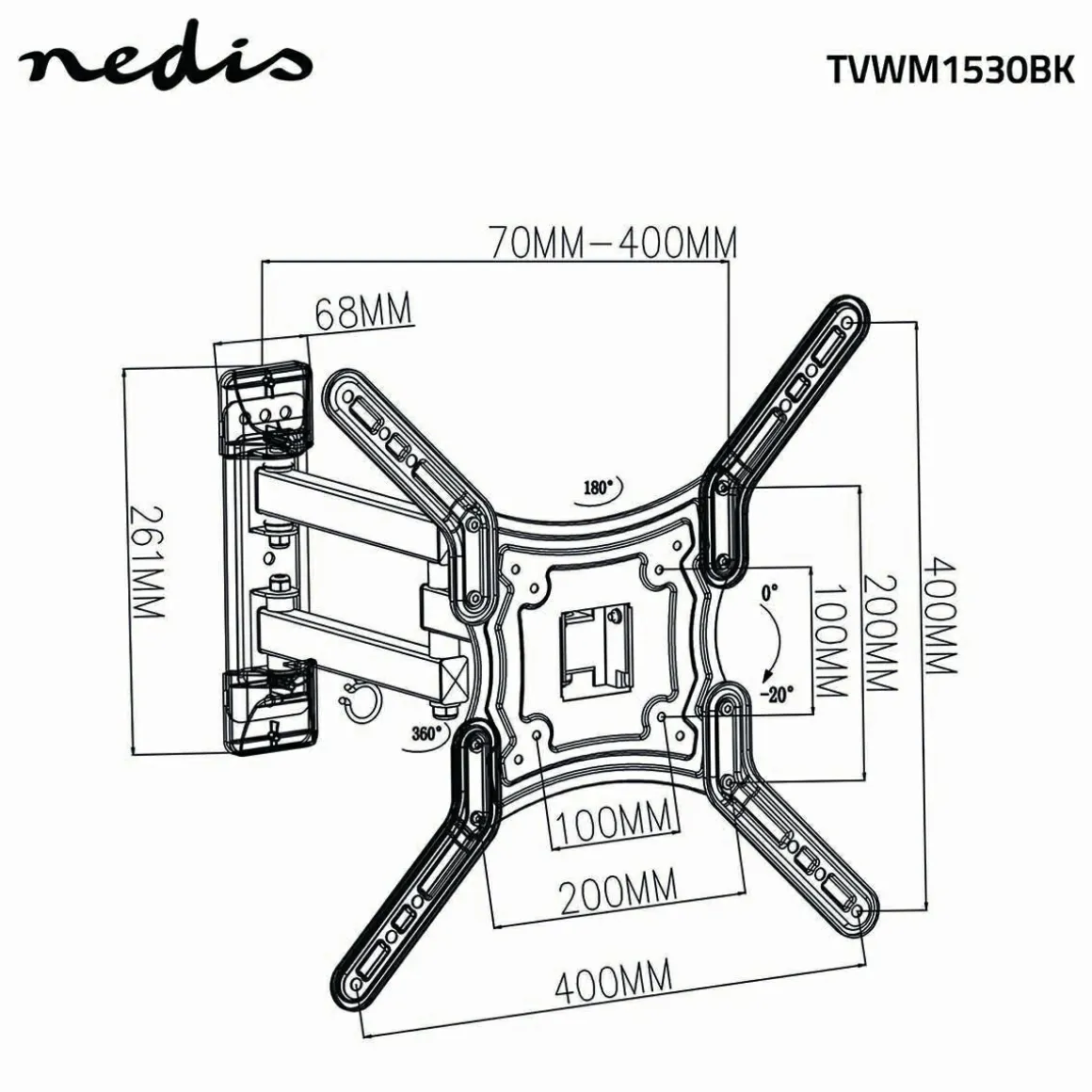 Nedis TVWM1530BK Vollbewegliche-TV-Wandhalterung - 23-55 Zoll
