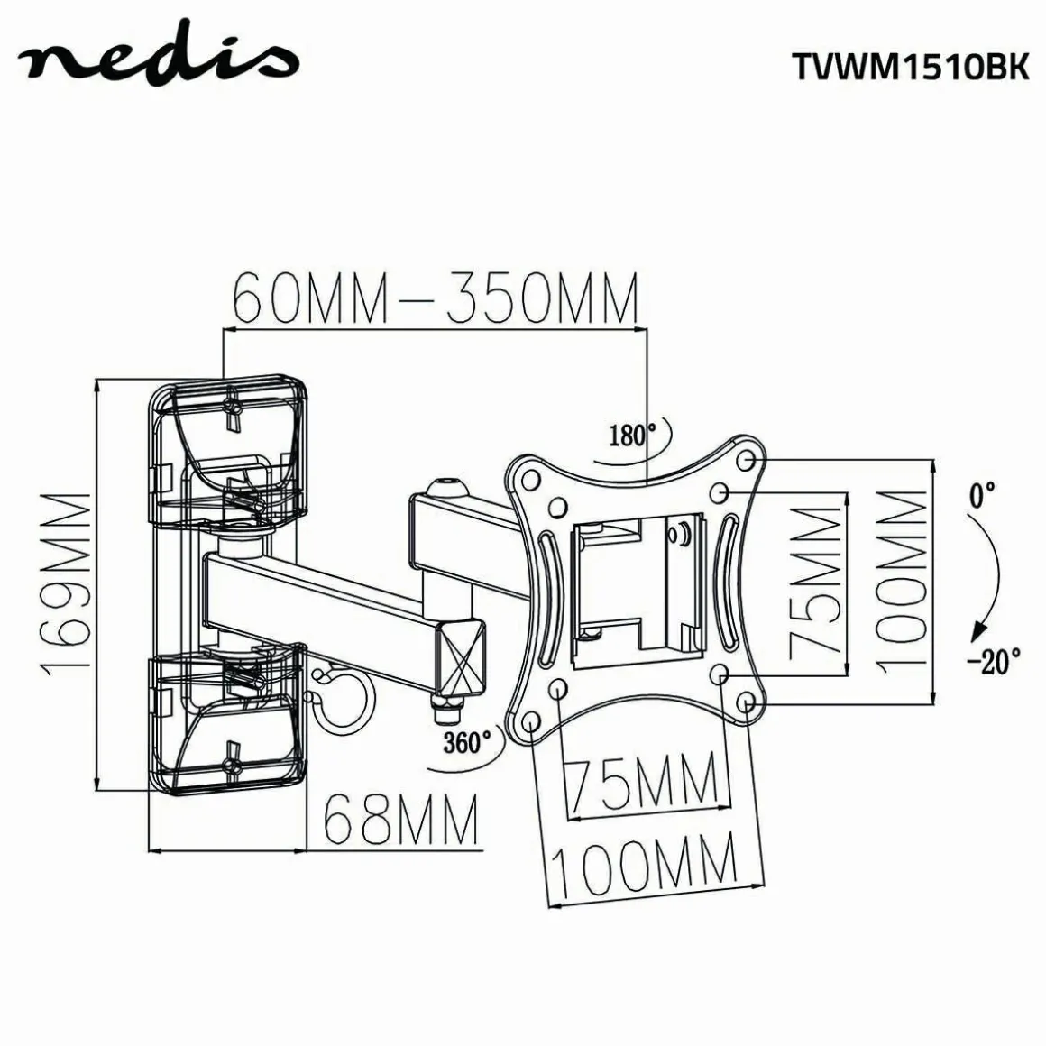 Nedis TVWM1510BK Vollbewegliche-TV-Wandhalterung - Schwarz