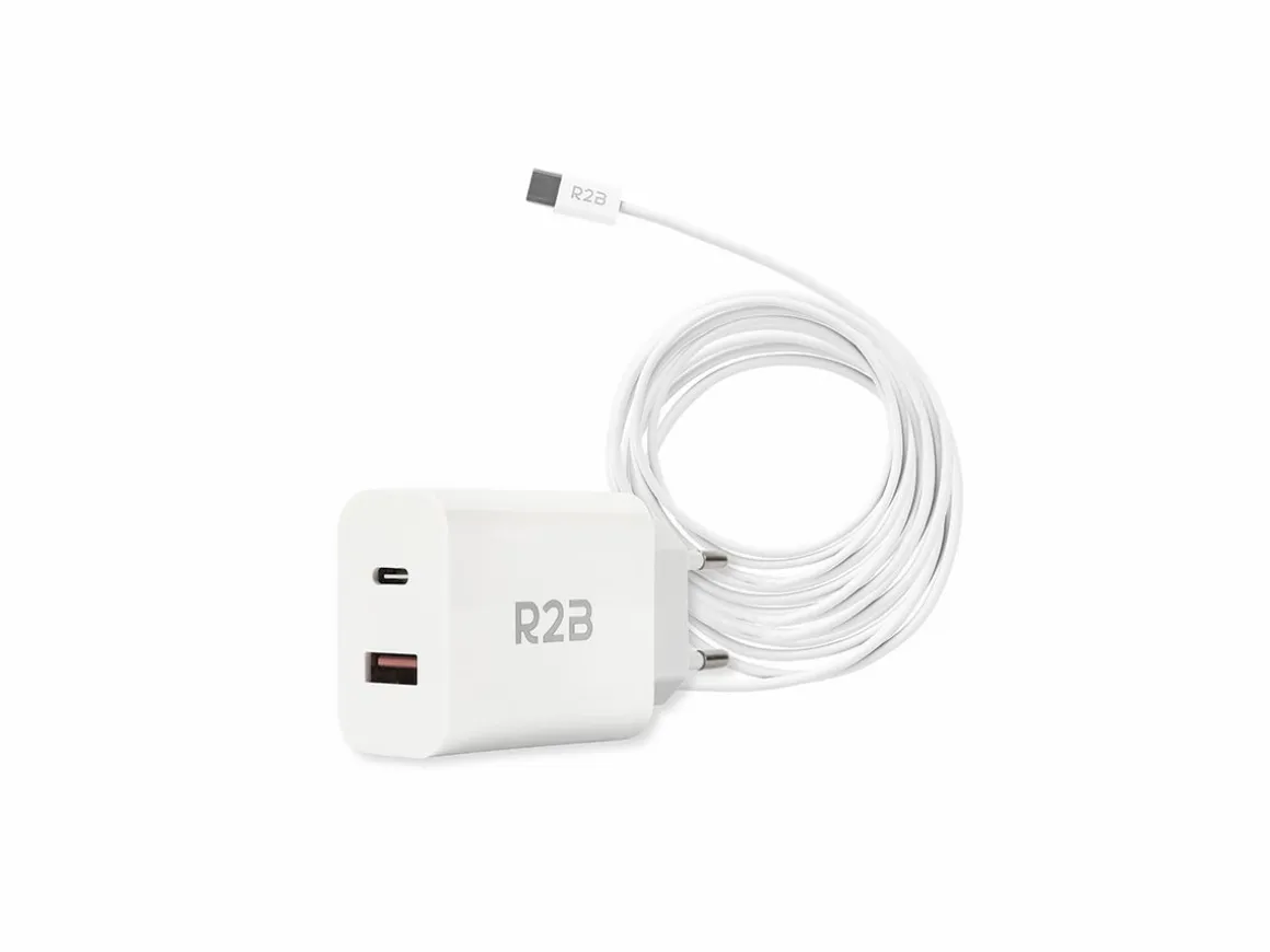 R2B 2 Meter weißes USB-C Kabel mit USB-A & USB-C Ladegerät