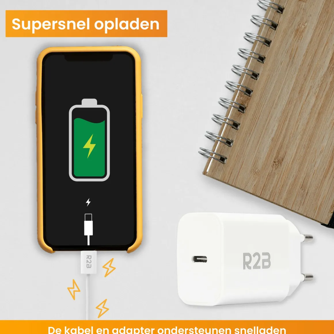 R2B 2 Meter Weißes USB-C Kabel mit USB-C Ladegerät