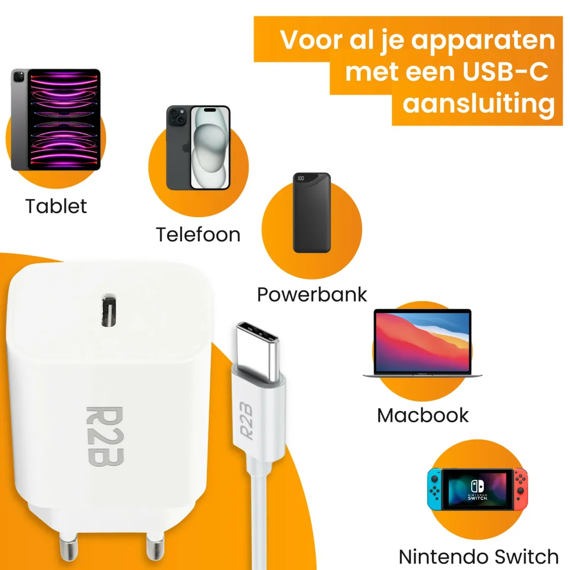 R2B 2 Meter Weißes USB-C Kabel mit USB-C Ladegerät